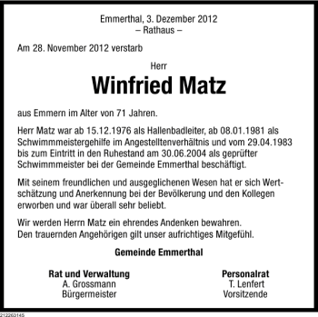 Traueranzeige von Winfried Matz von Deister- und Weserzeitung