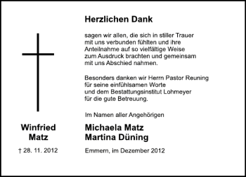 Traueranzeige von Winfried Matz von Deister- und Weserzeitung