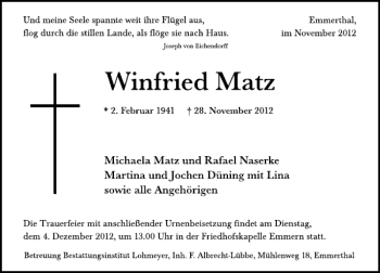 Traueranzeige von Winfried Matz von Deister- und Weserzeitung