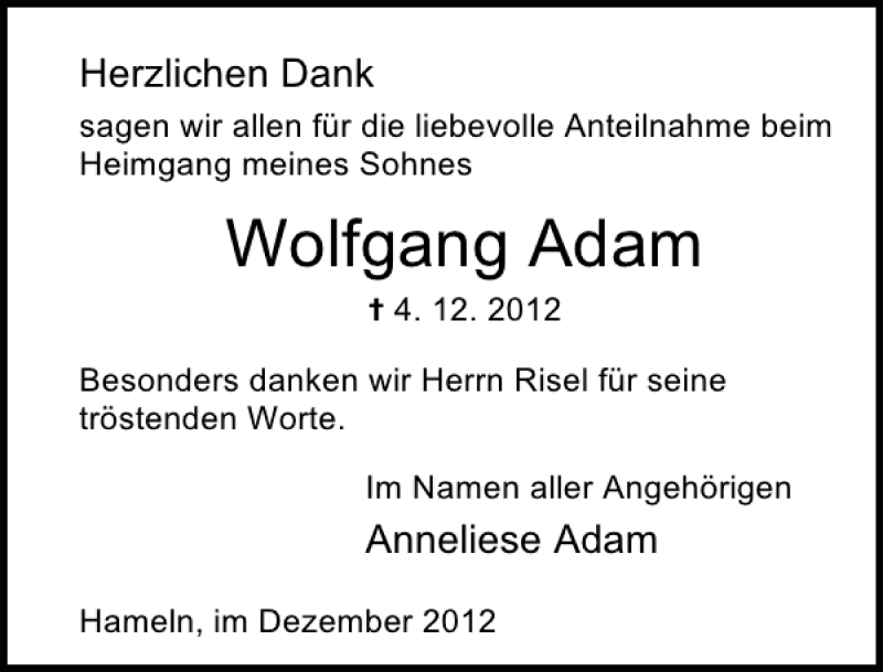  Traueranzeige für Wolfgang Adam vom 22.12.2012 aus Deister- und Weserzeitung