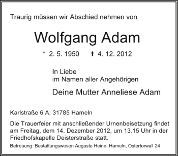 Traueranzeige von Wolfgang Adam von Deister- und Weserzeitung
