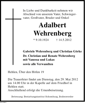 Traueranzeige von Adalbert Wehrenberg von Deister- und Weserzeitung