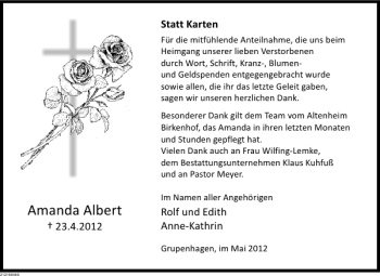 Traueranzeige von Amanda Albert von Deister- und Weserzeitung