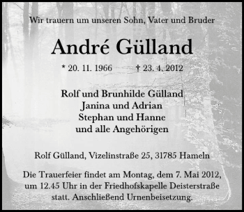 Traueranzeige von Andr Gülland von Deister- und Weserzeitung