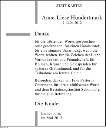 Traueranzeige von Anne-Liese Hundertmark von Deister- und Weserzeitung