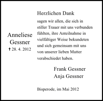 Traueranzeige von Anneliese Gessner von Deister- und Weserzeitung