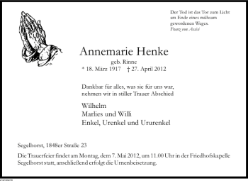 Traueranzeige von Annemarie Henke von Deister- und Weserzeitung