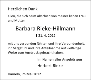 Traueranzeige von Barbara Rieke-Hillmann von Deister- und Weserzeitung