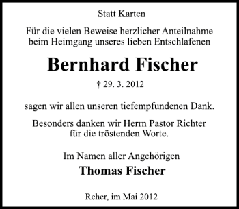 Traueranzeige von Bernhard Fischer von Deister- und Weserzeitung