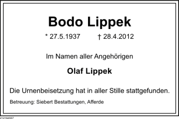 Traueranzeige von Bodo Lippek von Deister- und Weserzeitung
