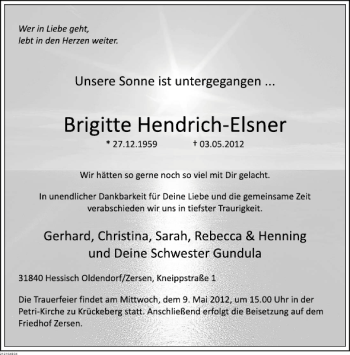 Traueranzeige von Brigitte Hendrich-Elsner von Deister- und Weserzeitung