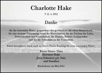 Traueranzeige von Charlotte Hake von Deister- und Weserzeitung