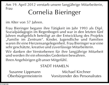 Traueranzeige von Cornelia Bieringer von Deister- und Weserzeitung