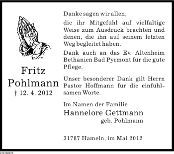 Traueranzeige von Danksagung Fritz Pohlmann von Deister- und Weserzeitung