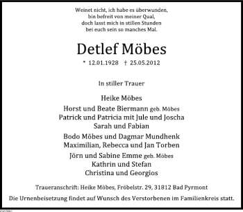 Traueranzeige von Detlef Möbes von Deister- und Weserzeitung