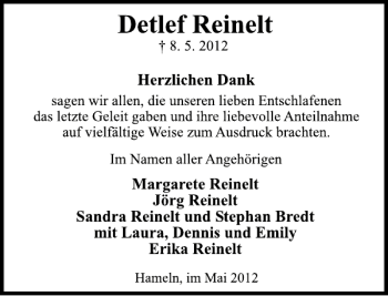 Traueranzeige von Detlef Reinelt von Deister- und Weserzeitung