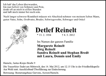Traueranzeige von Detlef Reinelt von Deister- und Weserzeitung