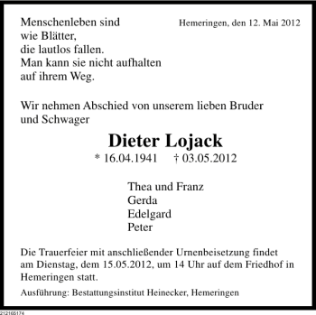Traueranzeige von Dieter Lojack von Deister- und Weserzeitung