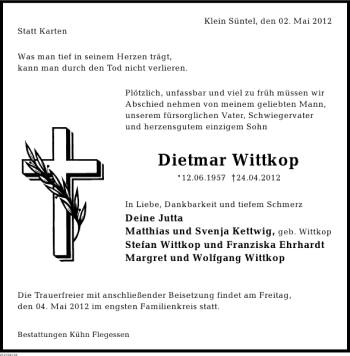 Traueranzeige von Dietmar Wittkop von Deister- und Weserzeitung