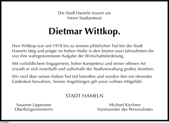 Traueranzeige von Dietmar Wittkop von Deister- und Weserzeitung