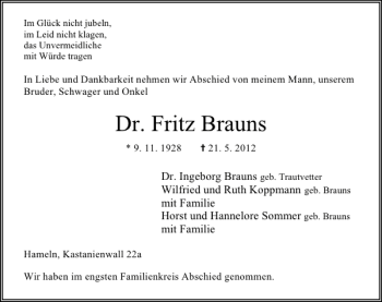 Traueranzeige von Dr. Fritz Brauns von Deister- und Weserzeitung