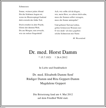 Traueranzeige von Dr. med. Horst Damm von Deister- und Weserzeitung