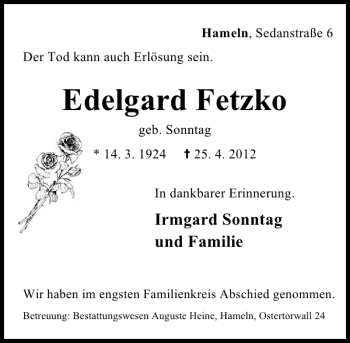 Traueranzeige von Edelgard Fetzko von Deister- und Weserzeitung