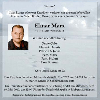 Traueranzeige von Elmar Marx von Deister- und Weserzeitung