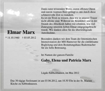 Traueranzeige von Elmar Marx von Deister- und Weserzeitung