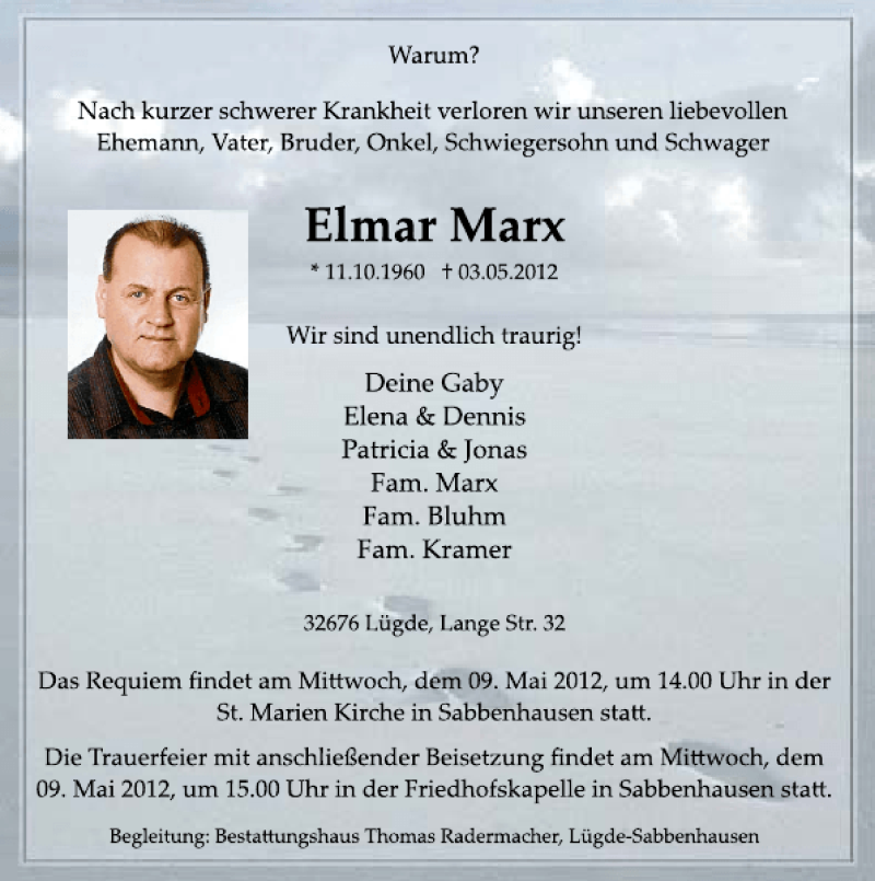  Traueranzeige für Elmar Marx vom 05.05.2012 aus Deister- und Weserzeitung