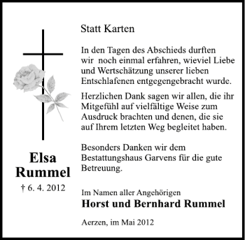 Traueranzeige von Elsa Rummel von Deister- und Weserzeitung