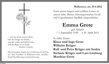 Traueranzeige von Emma Grote von Deister- und Weserzeitung