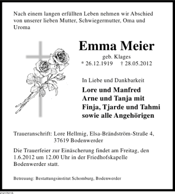 Traueranzeige von Emma Meier von Deister- und Weserzeitung