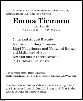 Traueranzeige von Emma Tiemann von Deister- und Weserzeitung