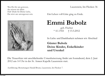 Traueranzeige von Emmi Bubolz von Deister- und Weserzeitung