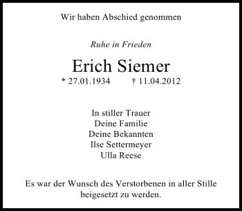 Traueranzeige von Erich Siemer von Deister- und Weserzeitung
