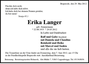 Traueranzeige von Erika Langer von Deister- und Weserzeitung