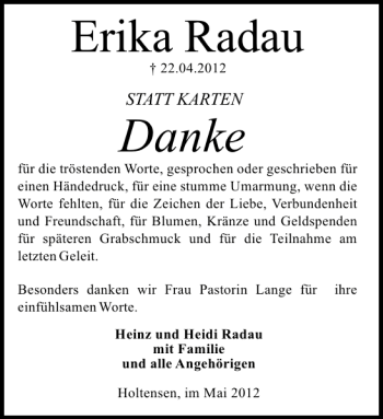 Traueranzeige von Erika Radau von Deister- und Weserzeitung