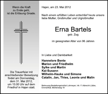 Traueranzeige von Erna Bartels von Deister- und Weserzeitung