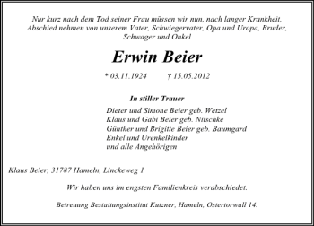 Traueranzeige von Erwin Beier von Deister- und Weserzeitung