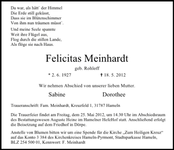 Traueranzeige von Felicitas Meinhardt von Deister- und Weserzeitung