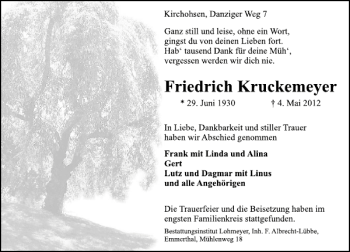 Traueranzeige von Friedrich Krukemeyer von Deister- und Weserzeitung