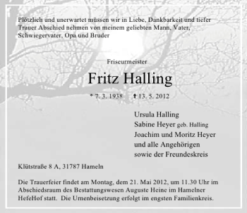 Traueranzeige von Fritz Halling von Deister- und Weserzeitung
