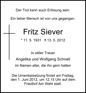 Traueranzeige von Fritz Siever von Deister- und Weserzeitung