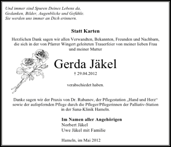 Traueranzeige von Gerda Jäkel von Deister- und Weserzeitung