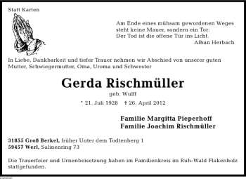 Traueranzeige von Gerda Rischmüller von Deister- und Weserzeitung
