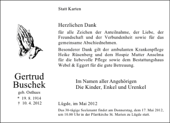 Traueranzeige von Gertrud Buschek von Deister- und Weserzeitung
