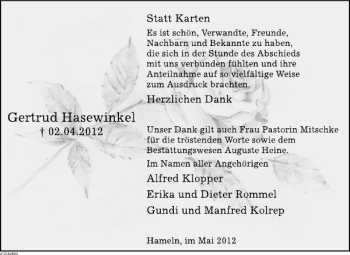 Traueranzeige von Gertrud Hasewinkel von Deister- und Weserzeitung