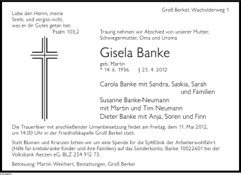 Traueranzeige von Gisela Banke von Deister- und Weserzeitung