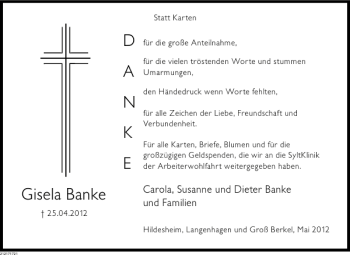 Traueranzeige von Gisela Banke von Deister- und Weserzeitung